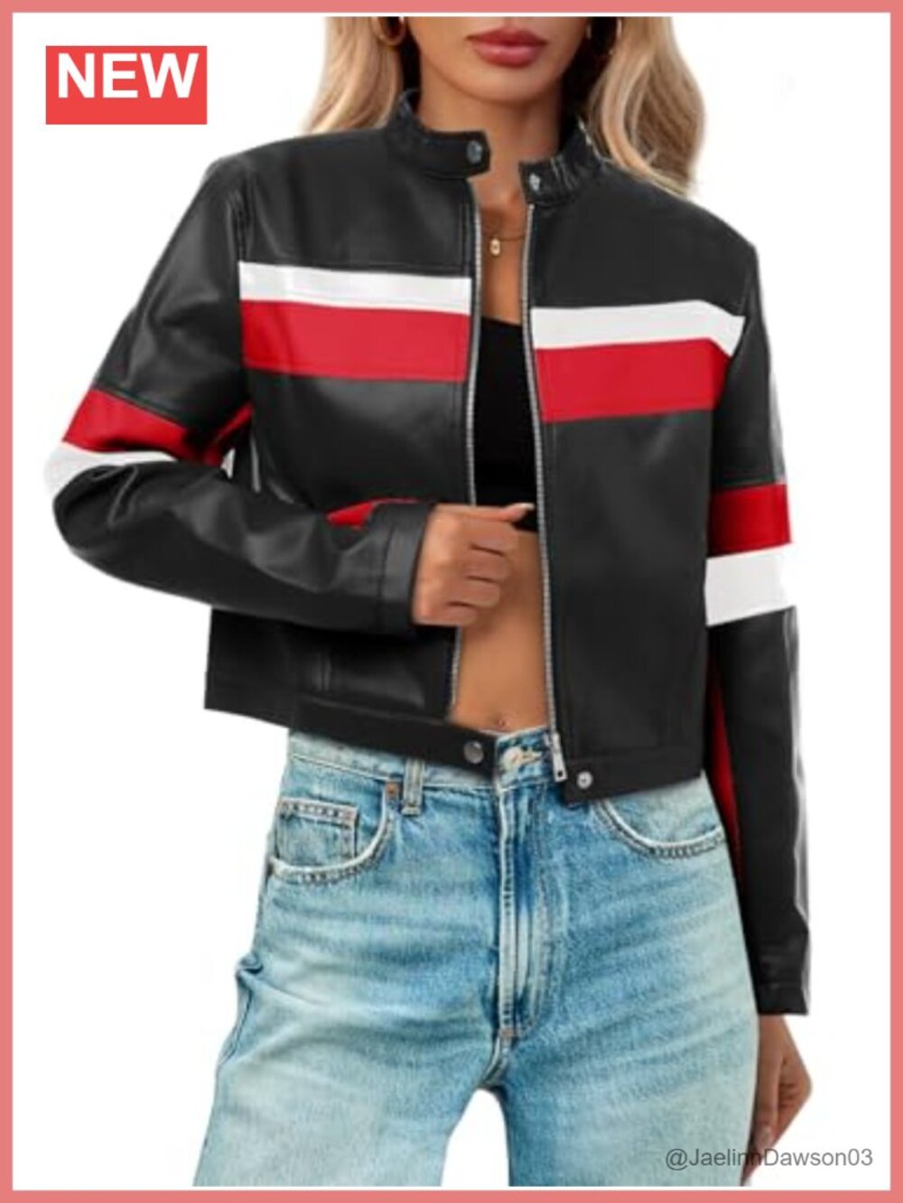 Faux Leather Cropped Moto Biker Bomber Jacket Color Block Racing Coat